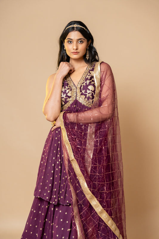 Garnet Georgette Lehenga Set With Net Dupatta