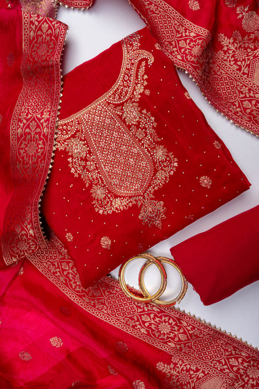 Maroon Dola Unstitched Salwar Suit With Dola Dupatta