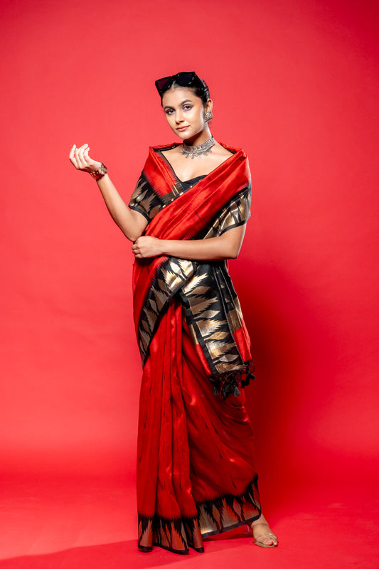 Maroon Black Cotton Silk Saree With Unstitched Blouse