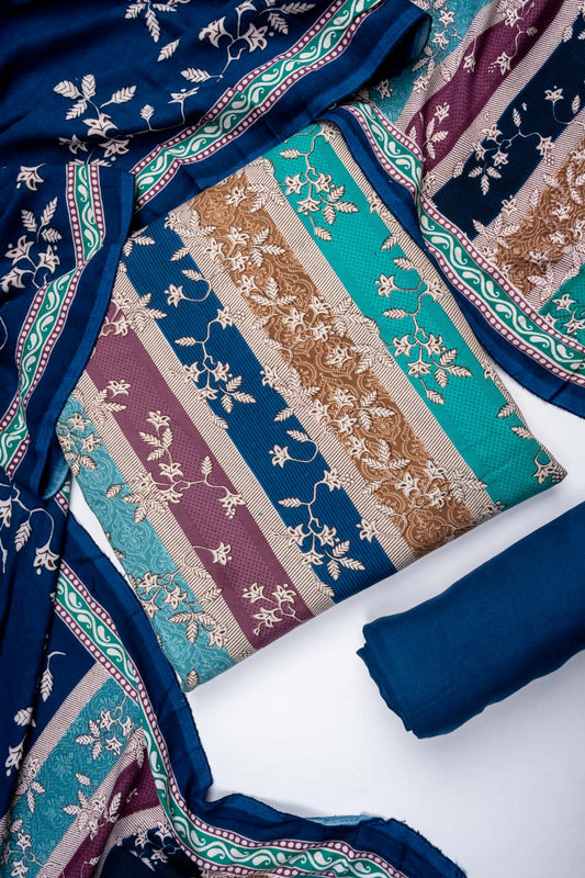 Navy Blue Pashmina Unstitched Salwar Suit With Pashmina Dupatta