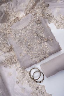 Grey Organza Unstitched Salwar Suit With Organza Dupatta