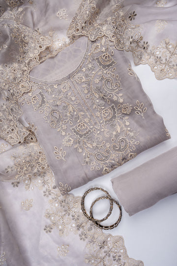 Grey Organza Unstitched Salwar Suit With Organza Dupatta