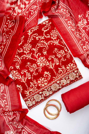 Maroon Pashmina Unstitched Salwar Suit With Cotton Dupatta