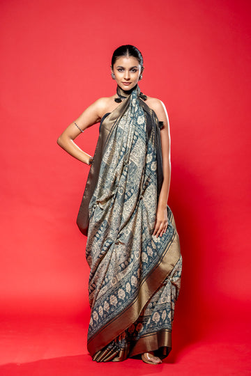 Midnight Blue Dola Silk Saree With Unstitched Blouse
