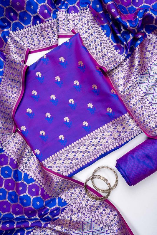 Purple Banarasi Silk Unstitched Salwar Suit With Silk Dupatta