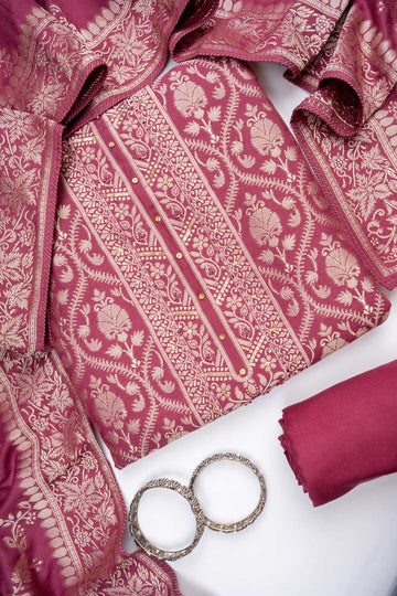 Dark Gajari Pashmina Unstitched Salwar Suit With Pashmina Dupatta