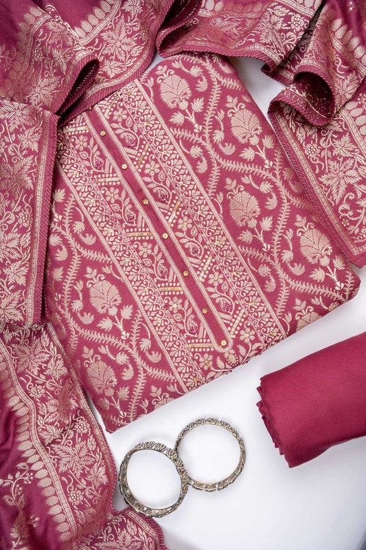 Dark Gajari Pashmina Unstitched Salwar Suit With Pashmina Dupatta