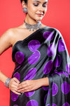 Black Satin Digital Printed Saree With Unstitched Blouse