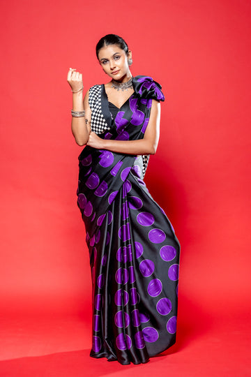 Black Satin Digital Printed Saree With Unstitched Blouse