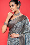 Grey  Silk Printed Saree With Unstitched Blouse