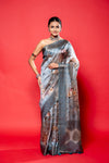 Grey South Silk Printed Saree With Unstitched Blouse