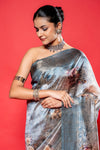 Grey South Silk Printed Saree With Unstitched Blouse