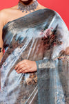 Grey South Silk Printed Saree With Unstitched Blouse