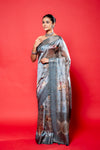 Grey South Silk Printed Saree With Unstitched Blouse