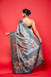 Grey South Silk Printed Saree With Unstitched Blouse