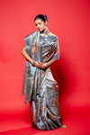 Grey South Silk Printed Saree With Unstitched Blouse