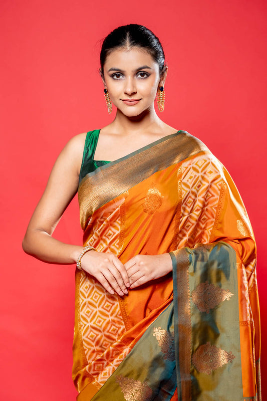 Mehendi Rust South Silk Printed Saree With Unstitched Blouse