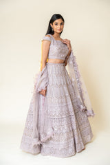 Mauve Net Lehenga Set With Readymade Blouse