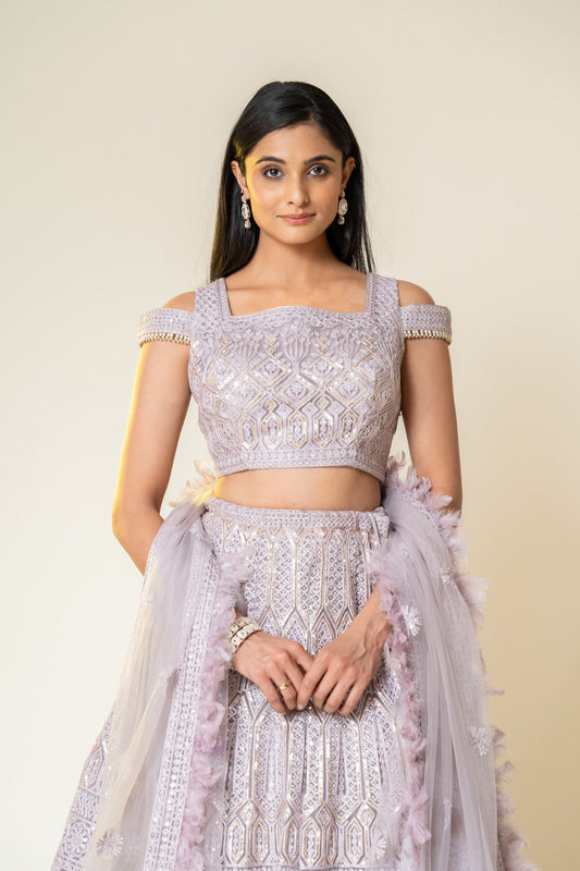 Mauve Net Lehenga Set With Readymade Blouse