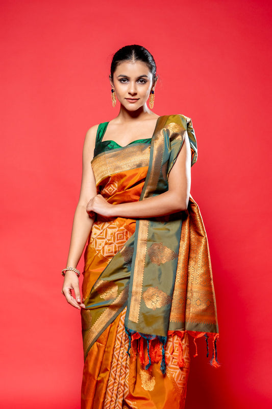 Mehendi Rust South Silk Printed Saree With Unstitched Blouse