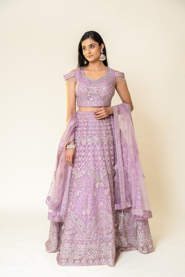 Onion Bead, Chandla, Mirror, Sequence & Threadwork Net Lehenga Set With Net Dupatta