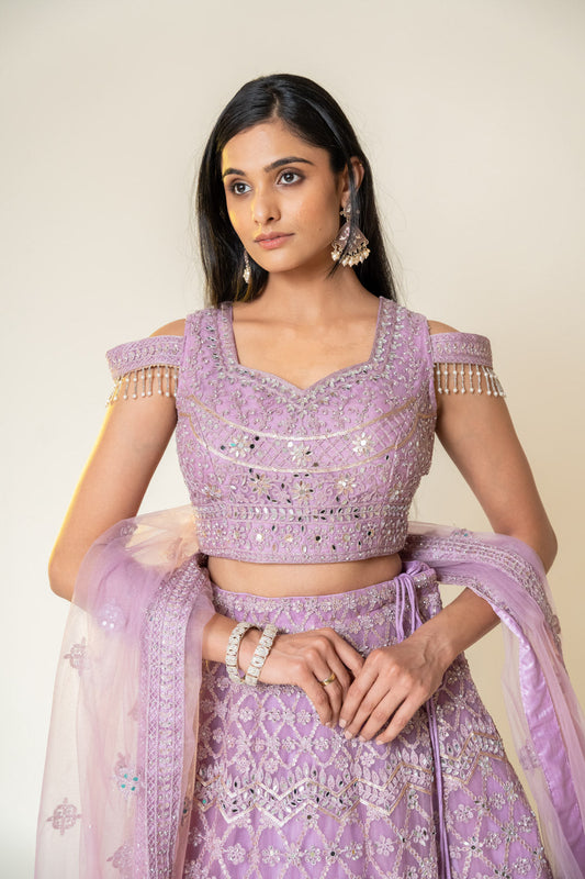 Onion Bead, Chandla, Mirror, Sequence & Threadwork Net Lehenga Set With Net Dupatta
