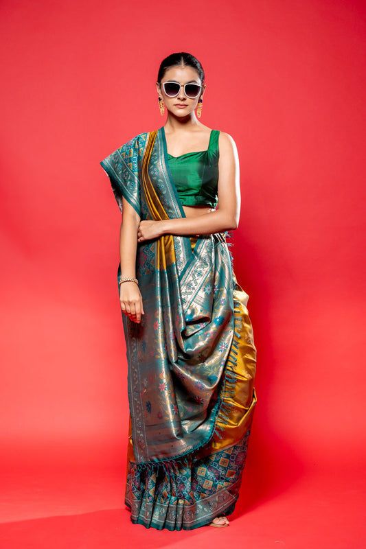 Mustard Rama South Silk Printed Saree With Unstitched Blouse