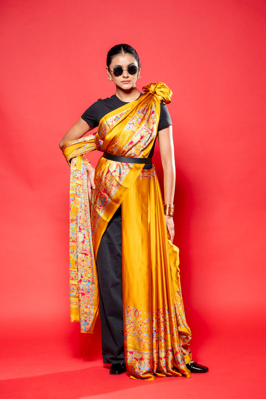 Musturd Satin Digital Printed Saree With Unstitched Blouse