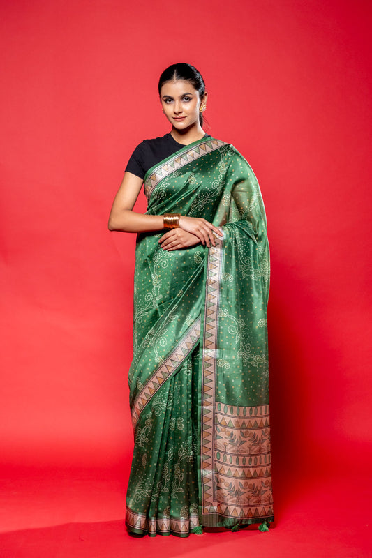 Mehndi Silk Printed Saree With Unstitched Blouse
