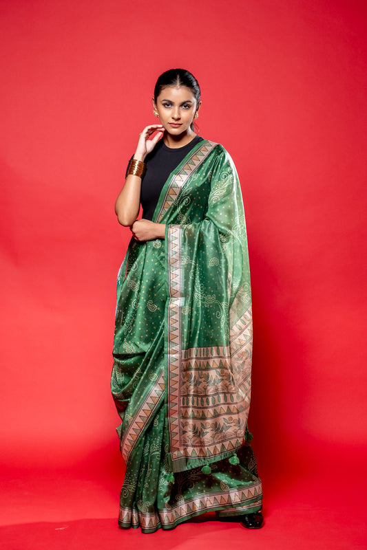 Mehndi Silk Printed Saree With Unstitched Blouse
