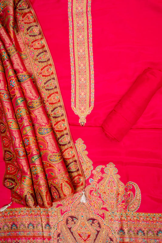 Rani Dola Banarasi Woven Zari Unstitched Salwar Suit With Dola Silk Dupatta