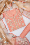Peach Organza Unstitched Salwar Suit With Organza Dupatta