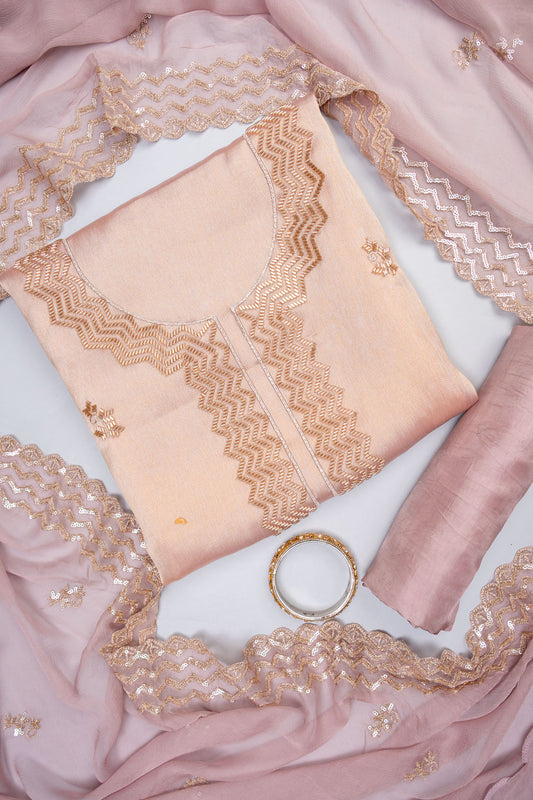 Peach Shimmer Unstitched Salwar Suit With Organza Dupatta