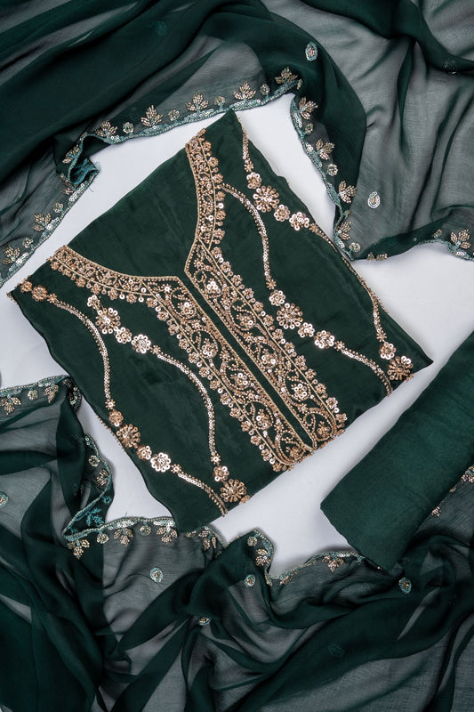 Bottle Green Organza Unstitched Salwar Suit With Chiffon Dupatta