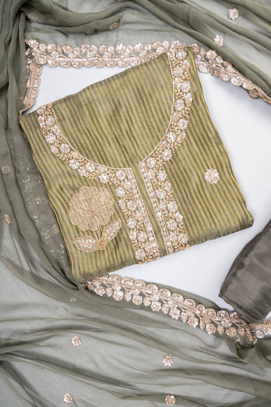 Mehndi Crepe Unstitched Salwar Suit With Chiffon Dupatta