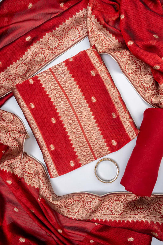 Maroon Banarasi Silk Banarasi Woven Zari Unstitched Salwar Suit With Banarasi Silk Dupatta