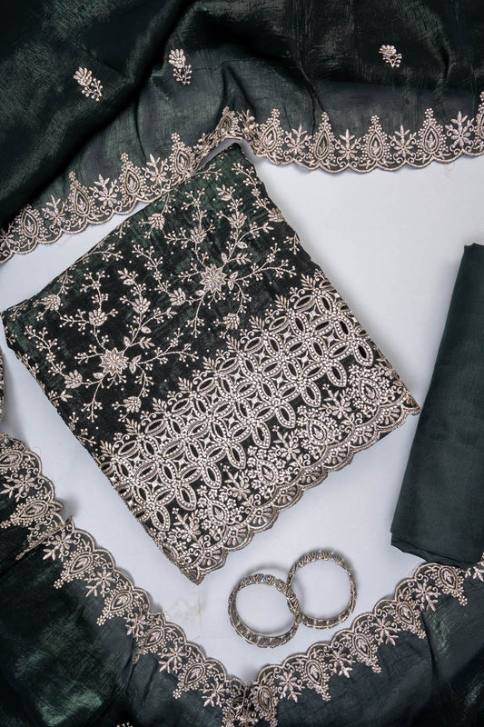Bottle Green Tissue Unstitched Salwar Suit With Tissue Dupatta