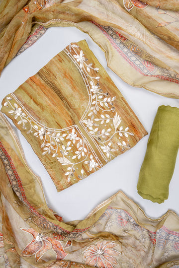 Soft Heritage Pista Crepe Unstitched Salwar Suit With Chiffon Dupatta