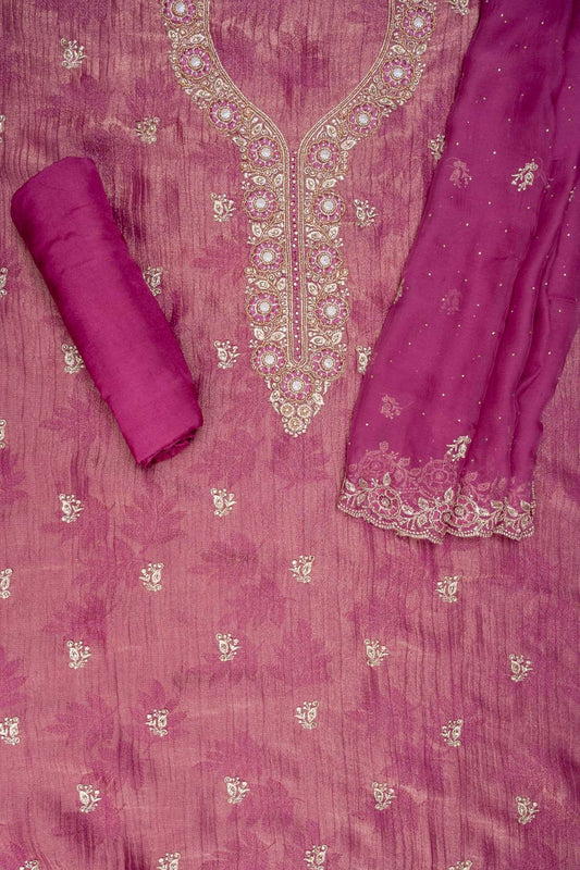 Magenta Shimmer Tissue Unstitched Slawar Suit With Chiffon Dupatta