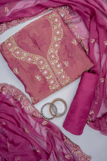 Magenta Shimmer Tissue Unstitched Slawar Suit With Chiffon Dupatta