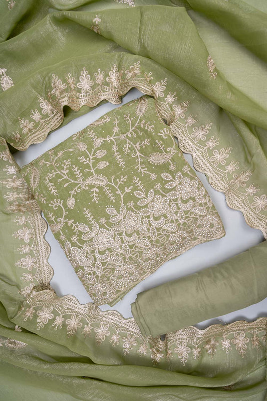 Soft Heritage Pista Tissue Unstitched Salwar Suit With Tissue Dupatta