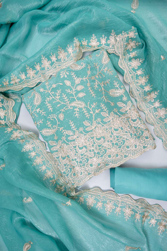 Royal Heritage Tea-Green Tissue Unstitched Salwar Suit With Tissue Dupatta