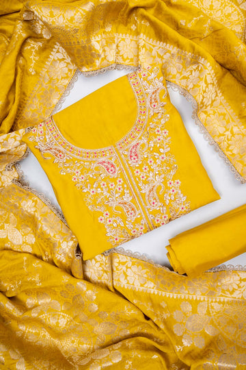 Soft Heritage Pista Silk Unstitched Salwar Suit With Silk Dupatta