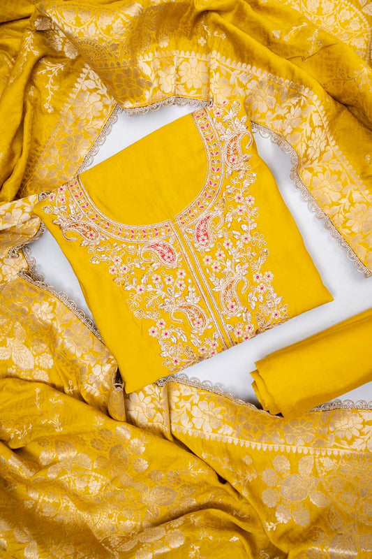 Soft Heritage Pista Silk Unstitched Salwar Suit With Silk Dupatta