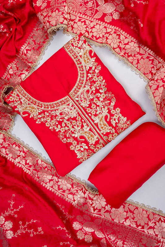 Grace Redefined Red Silk Unstitched Salwar Suit With Silk Dupatta