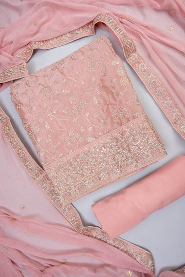 Blush Elegance Peach Organza Unstitched Salwar Suit With Chiffon Dupatta