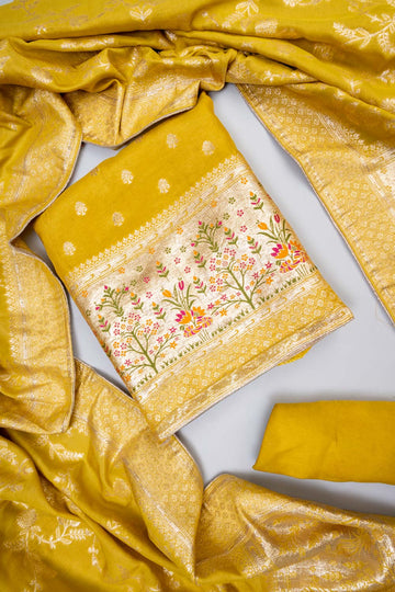 Pista Dola Banarasi Woven Zari Unstitched Salwar Suit With Dola Dupatta