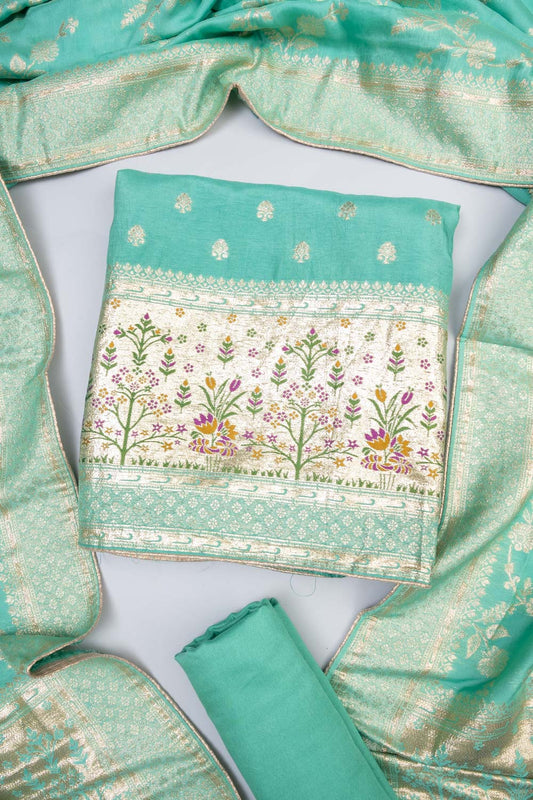 Tea-Green Dola Banarasi Woven Zari Unstitched Salwar Suit With Dola Dupatta