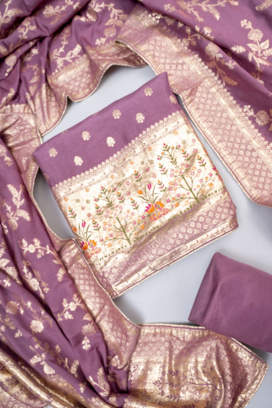 Mauve Dola Banarasi Woven Zari Unstitched Salwar Suit With Dola Silk Dupatta