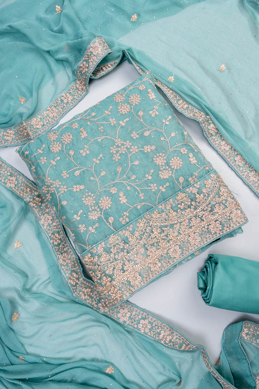 Tea Green Organza Unstitched Salwar Suit With Chiffon Dupatta